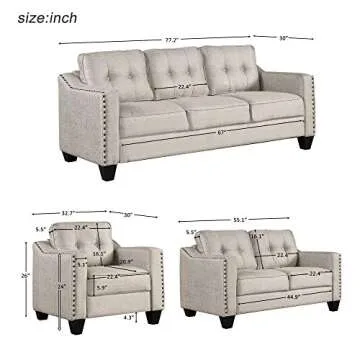 3 Pieces Mid-Century Modern Sofa Sets with Rivets - Linen Fabric Couch for Living Room