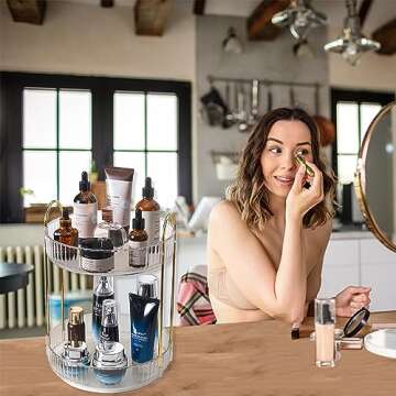 Asayuee 360 Rotating Makeup Organizer,2 Tier Large Capacity Make Up Organizers and Storage,Skincare Perfume Vanity Organizers,Bathroom Cosmetics Storage Organizer Countertop(Clear-2 Tier)