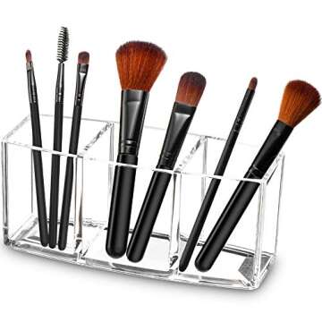 Tasybox Clear Makeup Brush Holder Organizer, 3 Slot Acrylic Brushes Storage, Eyeliners Eyebrow Pencil Display Case
