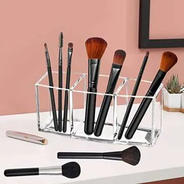Tasybox Clear Makeup Brush Holder Organizer, 3 Slot Acrylic Brushes Storage, Eyeliners Eyebrow Pencil Display Case