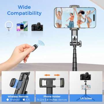 Selfie Stick Travel Tripod for Cell Phone with Remote Control and Phone Holder, Extendable Selfie Stick for iPhone, iPhone Tripod for Video Recording, Cell Phone Tripod Stand, 50 Inch, Black
