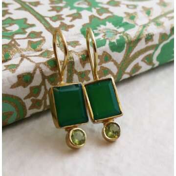 Green Onyx and Peridot Gold Plated Sterling Silver Drop Earrings - Handmade Natural Real Gemstone Jewellery Gift Ideas for Women - Birthday Gift pendientes verdes para mujer (Green Onyx and Peridot)