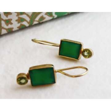 Green Onyx and Peridot Gold Plated Sterling Silver Drop Earrings - Handmade Natural Real Gemstone Jewellery Gift Ideas for Women - Birthday Gift pendientes verdes para mujer (Green Onyx and Peridot)