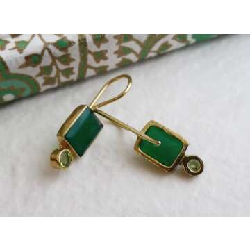 Green Onyx and Peridot Gold Plated Sterling Silver Drop Earrings - Handmade Natural Real Gemstone Jewellery Gift Ideas for Women - Birthday Gift pendientes verdes para mujer (Green Onyx and Peridot)