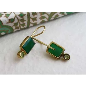 Green Onyx and Peridot Gold Plated Sterling Silver Drop Earrings - Handmade Natural Real Gemstone Jewellery Gift Ideas for Women - Birthday Gift pendientes verdes para mujer (Green Onyx and Peridot)