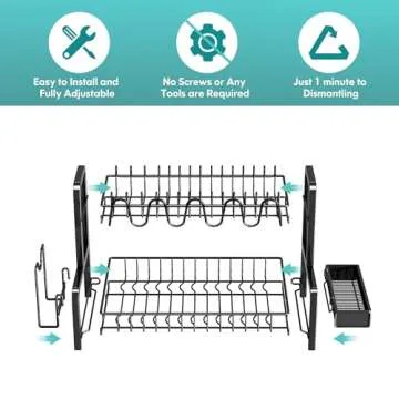 BOOSINY Dish Drying Rack and Drainboard Set for Kitchen Counter, 2 Tier Large Stainless Steel Sink Organizer Dish Racks with Cups Holder, Utensil Holder, Dish Strainer Shelf (Black)