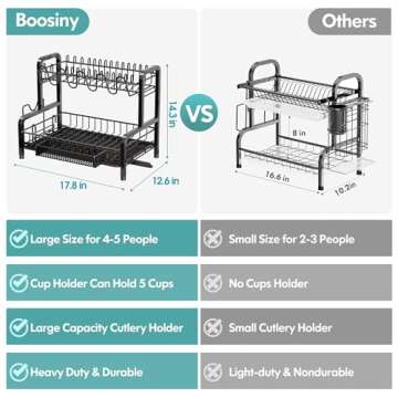 BOOSINY Dish Drying Rack and Drainboard Set for Kitchen Counter, 2 Tier Large Stainless Steel Sink Organizer Dish Racks with Cups Holder, Utensil Holder, Dish Strainer Shelf (Black)