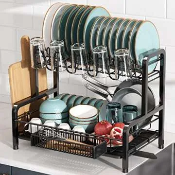 BOOSINY Dish Drying Rack and Drainboard Set for Kitchen Counter, 2 Tier Large Stainless Steel Sink Organizer Dish Racks with Cups Holder, Utensil Holder, Dish Strainer Shelf (Black)