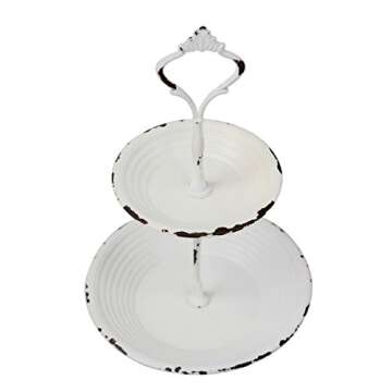 Stonebriar Small 2 Tier Worn White Metal Tray, Rustic Farmhouse Decor, Tiered Jewelry Tray for Vanity or Bathroom, 9.25"