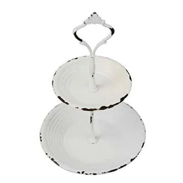 Stonebriar Small 2 Tier Worn White Metal Tray, Rustic Farmhouse Decor, Tiered Jewelry Tray for Vanity or Bathroom, 9.25"