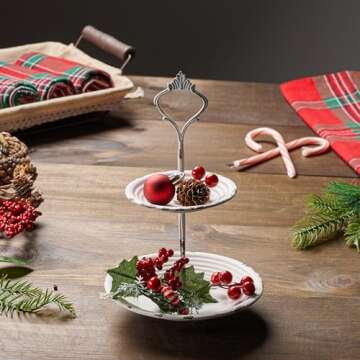 Stonebriar Small 2 Tier Worn White Metal Tray, Rustic Farmhouse Decor, Tiered Jewelry Tray for Vanity or Bathroom, 9.25"