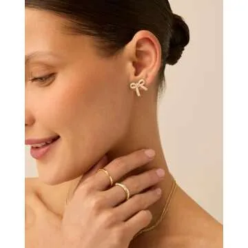 PAVOI 14K Yellow Gold Plated Cubic Zirconia Bow Stud Earrings for Women | Coquette Earring Pair
