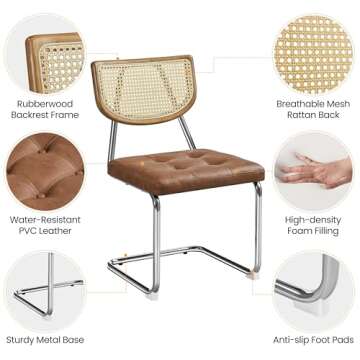 Yaheetech Dining Chairs Faux Leather Mid Century Dining Room Chairs Set of 2 Kitchen Chairs with Rattan Back and Upholstered Seat for Home, Kitchen, Living Room, Retro Brown