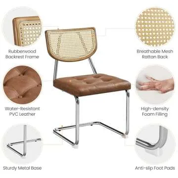Yaheetech Dining Chairs Faux Leather Mid Century Dining Room Chairs Set of 2 Kitchen Chairs with Rattan Back and Upholstered Seat for Home, Kitchen, Living Room, Retro Brown