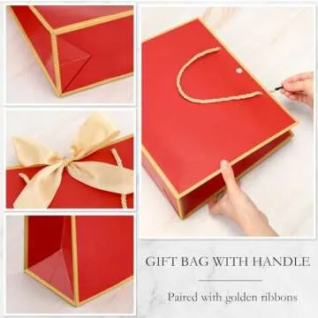 Silkfly 12 Pcs Thank You Gift Bags with Handles 11.8 x 10 x 4'' Elegant Gift Bags with Bow Ribbon for Wedding Bridal Shower Birthday Graduation Holiday Party Supplies(Red)