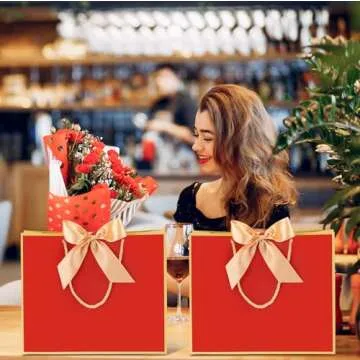 Silkfly 12 Pcs Thank You Gift Bags with Handles 11.8 x 10 x 4'' Elegant Gift Bags with Bow Ribbon for Wedding Bridal Shower Birthday Graduation Holiday Party Supplies(Red)