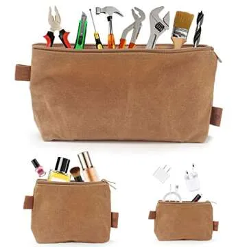 Wessleco 3 Pcs Small Tool Pouch, 16OZ Waxed Canvas Pouch with Zipper, 5.7/6.7/12.3 Inch Heavy Duty Tool Bag, Canvas Water Resistant Utility Pouch Organizer Tool Bag Pouch(Khaki)