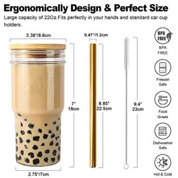 Xeiwagoo Reusable Boba Cup Smoothie Tumbler Glass Bubble Tea Cup, 4 Pack Wide Mouth 22oz Iced Coffee Glasse Cup with Bamboo Lid and Straw, Mason Jar Cup Drinking Glasses Tumbler (Gold Straw, 4)
