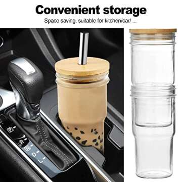 Xeiwagoo Reusable Boba Cup Smoothie Tumbler Glass Bubble Tea Cup, 4 Pack Wide Mouth 22oz Iced Coffee Glasse Cup with Bamboo Lid and Straw, Mason Jar Cup Drinking Glasses Tumbler (Gold Straw, 4)