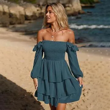 Byinns Women's Smocked Ruffle Mini Dress Square Neck Long Sleeve Party Dress Cute Cottagecore Wedding Guest Dress Peacock Blue