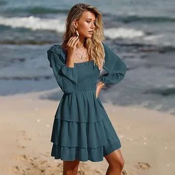 Byinns Women's Smocked Ruffle Mini Dress Square Neck Long Sleeve Party Dress Cute Cottagecore Wedding Guest Dress Peacock Blue
