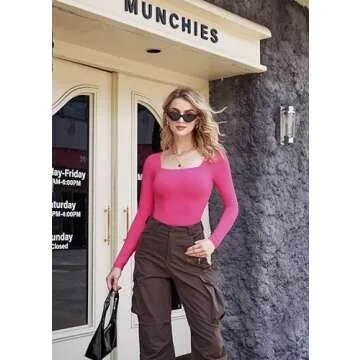 SUUKSESS Sexy Long Sleeve Bodysuit for Women in Hot Pink