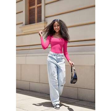 SUUKSESS Sexy Long Sleeve Bodysuit for Women in Hot Pink
