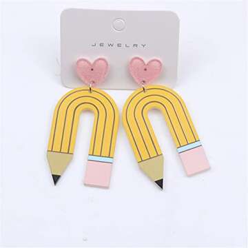 Colorful Pencil Earrings Acrylic Heart Pencil Dangle Earrings Creative Cute Earrings Teachers Students Back to School Jewelry Gift for Women-yellow