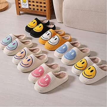sharllen Smile Face Slippers for Women Men Retro Soft Fluffy Warm Home Non-Slip Couple Style Casual Shoes Anti-Skid Plush Fleece Lined House Shoes for Unisex Slippers Indoor Outdoor