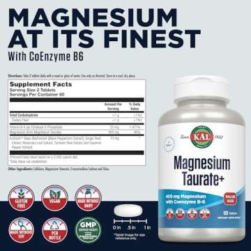 KAL Magnesium Taurate 400mg Plus Vitamin B6, Chelated Magnesium Supplement, High Absorption Magnesiu...