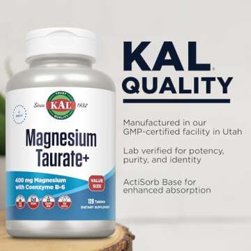 KAL Magnesium Taurate 400mg Plus Vitamin B6, Chelated Magnesium Supplement, High Absorption Magnesium Complex, Muscle and Heart Health Support, Vegan, Gluten Free, 60-Day Guarantee, 60 Serv, 120 Tabs