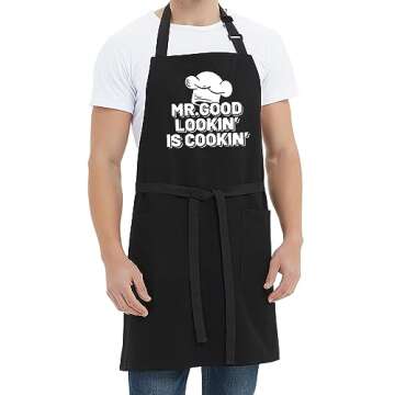 Kaidouma Funny Chef Aprons for Men - Mr.Good Lookin' is Cookin' - Men’s Funny Kitchen Cooking Grilling BBQ Aprons with 2 Pockets - Birthday Father’s Day Christmas Gifts for Dad, Husband, Boyfriend