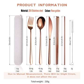 AARAINBOW 6 Pieces 18/8 Stainless Steel Flatware Set Portable Reusable Cutlery Set Travel Utensils Set Including Chopsticks Knife Fork Spoon Straws Cleaning Brush Dishwasher Safe (Rose Gold)