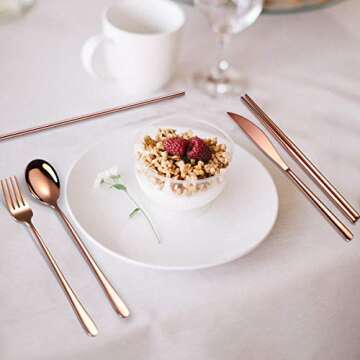 AARAINBOW 6 Pieces 18/8 Stainless Steel Flatware Set Portable Reusable Cutlery Set Travel Utensils Set Including Chopsticks Knife Fork Spoon Straws Cleaning Brush Dishwasher Safe (Rose Gold)