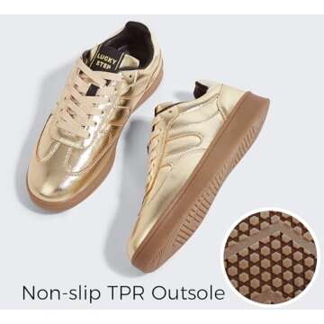 LUCKY STEP Women's Retro Fashion Sneakers Classic Casual Walking Shoes Non Slip Comfort Skate Shoes(8 M US Gold)