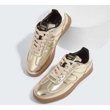 LUCKY STEP Women's Retro Fashion Sneakers Classic Casual Walking Shoes Non Slip Comfort Skate Shoes(8 M US Gold)