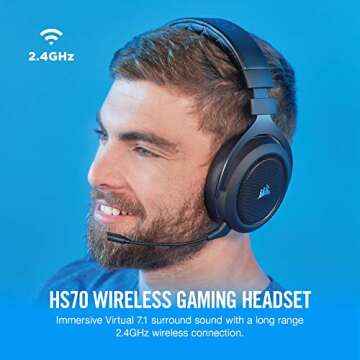 CORSAIR HS70 Wireless Gaming Headset - 7.1 Surround Sound Headphones for PC - Discord Certified - 50mm Drivers – Carbon