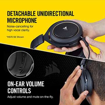 CORSAIR HS70 Wireless Gaming Headset - 7.1 Surround Sound Headphones for PC - Discord Certified - 50mm Drivers – Carbon