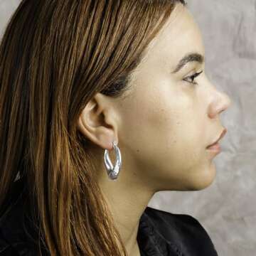 Willowbird Sterling Silver 38mm Hammered Textured U Shaped Hoop Earrings for Women Large Oval