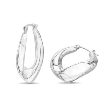 Willowbird Sterling Silver 38mm Hammered Textured U Shaped Hoop Earrings for Women Large Oval