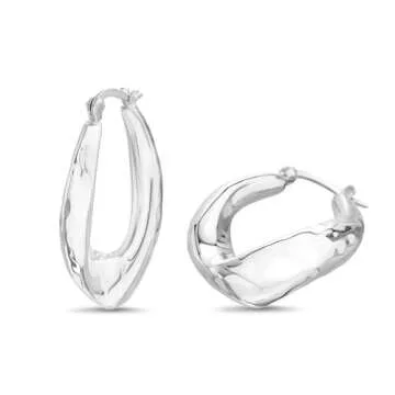 Willowbird Sterling Silver 38mm Hammered Textured U Shaped Hoop Earrings for Women Large Oval