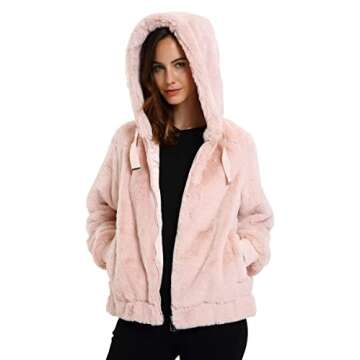 Bellivera Women Faux Fur Jacket with 2 Side-Seam Pockets, The Jacket with Hood 1712014 Pink M