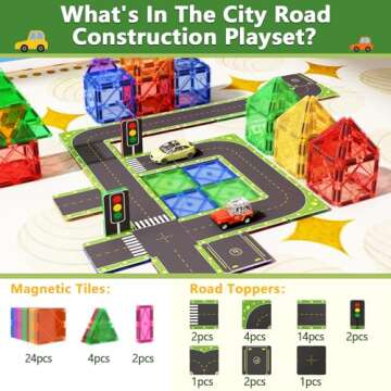 Magnetic Tiles Road Toppers Set Kids Toys for 3 Year Old Boys and Girls Playing with Car Toys Preschool Learning Activities Gift for 3 4 5 6 Year Old Toddlers Kids