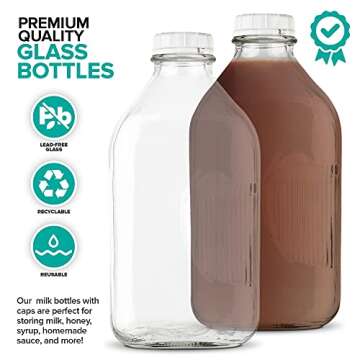 Stock Your Home Half Gallon Glass Milk Bottle with Lid (4 Pack) 64 Oz Jugs and 8 White Caps, Reusable Food Grade Milk Container for Refrigerator, Bottles for Juice, Oat or Plant Milks, Water, Honey