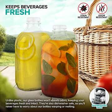 Stock Your Home Half Gallon Glass Milk Bottle with Lid (4 Pack) 64 Oz Jugs and 8 White Caps, Reusable Food Grade Milk Container for Refrigerator, Bottles for Juice, Oat or Plant Milks, Water, Honey