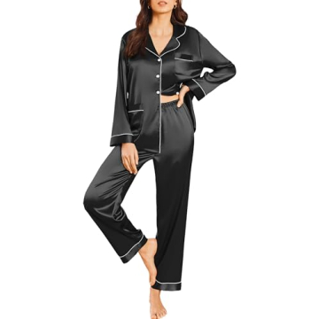 Ekouaer Silk Pajamas for Women Classic Button Down Satin Pajama Sets Long Sleeve Lounge Set Black