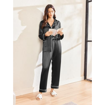 Ekouaer Silk Pajamas for Women Classic Button Down Satin Pajama Sets Long Sleeve Lounge Set Black