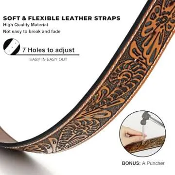 BELTROAD Western Leather Buckle Belt for Men Women Cowboy Cowgirl Leather Mens Engraved Belts for Jeans Birthday Christmas Belt Gifts