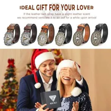 BELTROAD Western Leather Buckle Belt for Men Women Cowboy Cowgirl Leather Mens Engraved Belts for Jeans Birthday Christmas Belt Gifts