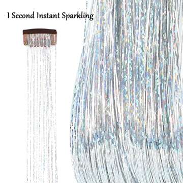 AIAIZHQH 23.6Inch Clip in Hair Tinsel Kit, Silver Hair Tinsel Heat Resistant Fairy Hair Tinsel Clip ...